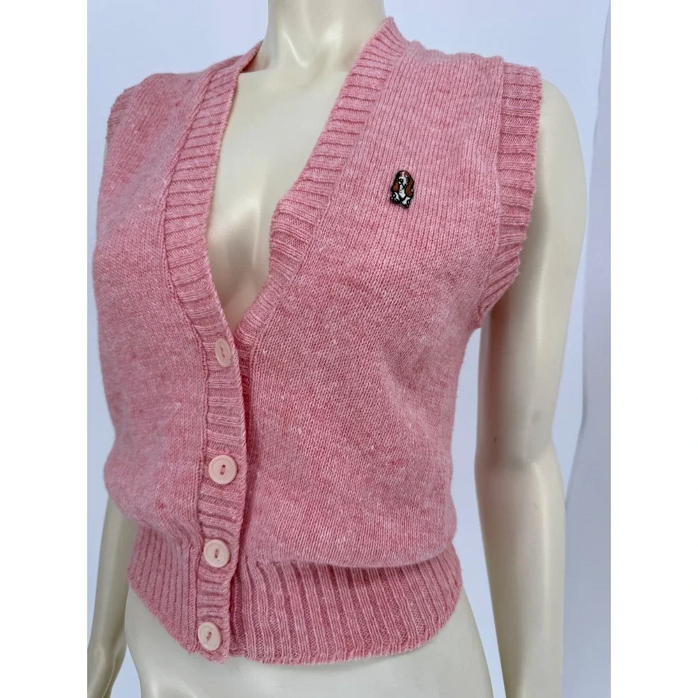 Hush Puppies Pink‎ Knit Button Up Sweater Vest Basset Hound Dog Patch Cardigan